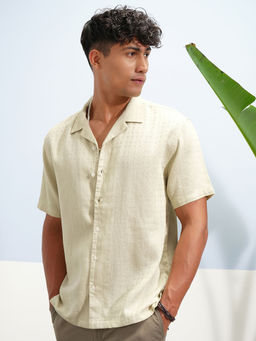 HIGHLANDER - Cream Self Design Cuban Collar Shirt