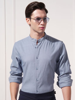 HIGHLANDER - Blue Mandarin Collar Relaxed Fit Shirt