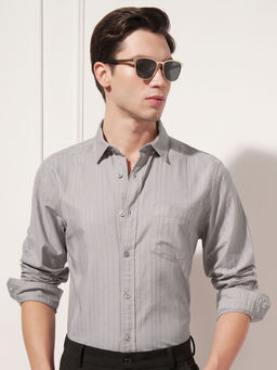 HIGHLANDER - Grey Striped Slim Fit Shirt