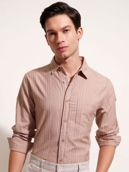 HIGHLANDER - Peach Striped Slim Fit Shirt