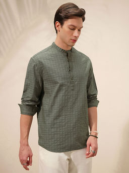 HIGHLANDER - Green Self Design Mandarin Collar Shirt