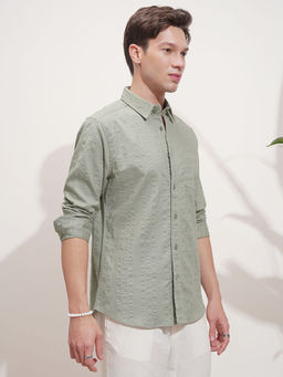 HIGHLANDER - Green Self Design Relaxed Fit Shirt
