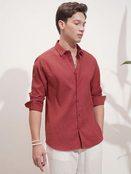 HIGHLANDER - Red Self Design Slim Fit Shirt
