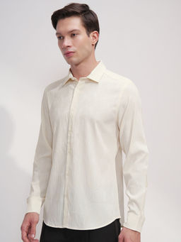 HIGHLANDER - Cream Self Design Slim Fit Shirt