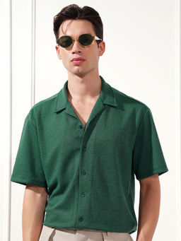 HIGHLANDER - Green Solid Cuban Collar Shirt