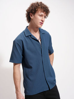 HIGHLANDER - Blue Textured Cuban Collar Shirt