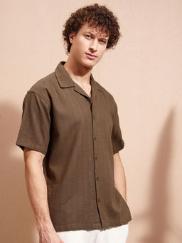 HIGHLANDER - Brown Striped Cuban Collar Shirt