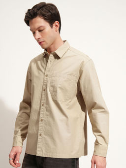 HIGHLANDER - Beige Self Striped Spread Collar Oversized Shirt