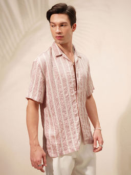 HIGHLANDER - Pink Striped Cuban Collar Shirt