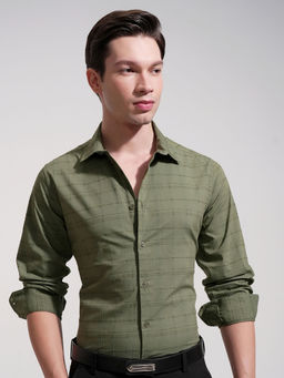 HIGHLANDER - Green Checked Slim Fit Spread Collar Shirt