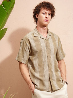 HIGHLANDER - Brown Striped Cuban Collar Shirt