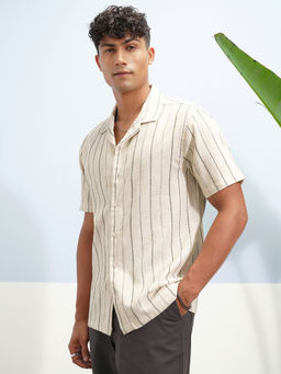 HIGHLANDER - Cream Striped Cuban Collar Shirt