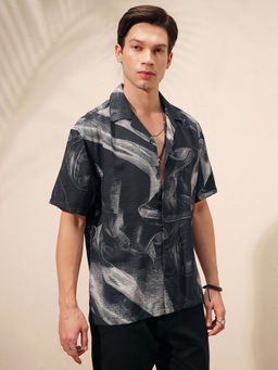 HIGHLANDER - Black Printed Cuban Collar Shirt