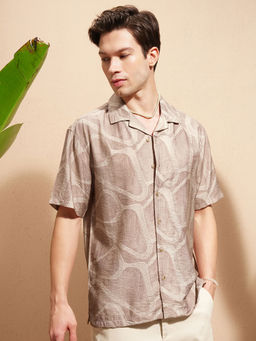 HIGHLANDER - Light Brown Abstract Print Cuban Collar Shirt