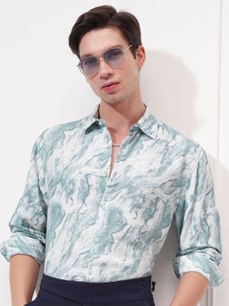 HIGHLANDER - Blue Abstract Print Cuban Collar Shirt