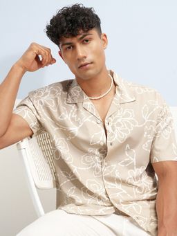 HIGHLANDER - Brown Floral Print Cuban Collar Shirt