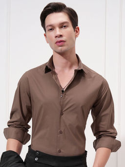 HIGHLANDER - Brown Spread Collar Slim Fit Shirt