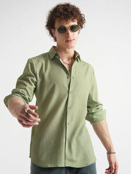 HIGHLANDER - Green Striped Relaxed Fit Shirt