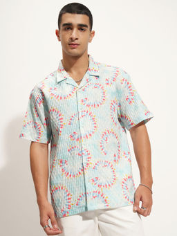 HIGHLANDER - Blue Abstract Print Cuban Collar Shirt