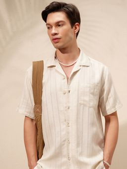 HIGHLANDER - Cream Striped Cuban Collar Shirt