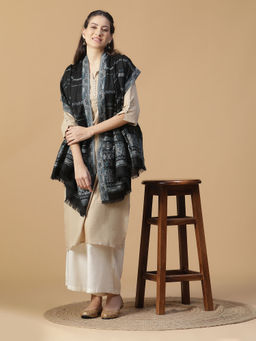 Shingora - Kiyana Striped Wool Woven Jacquard Black Shawl