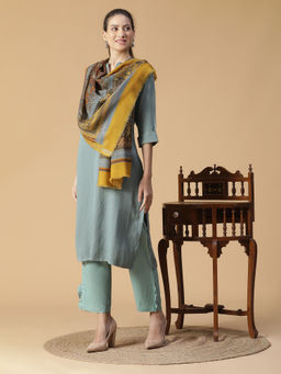 Shingora - Mehwish Mustard Printed Wool Woven Metallic Stole