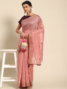 Odette - Pink Cotton Embroidered Saree with Unstitched Blouse