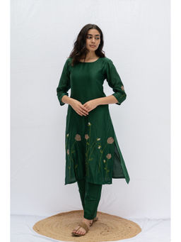 ETAR - Green Rose Kurta with Pants (Set of 2)