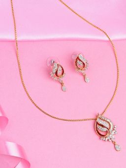 Estele - Gold Plated CZ Mango Leaf Designer Pendant Necklace with Red Enamel for Women (Set of 2)