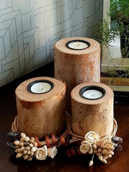 Forestkraft - Wood & Floral T-Light Candle Holder - Table Decor & Gift (Pack of 3)