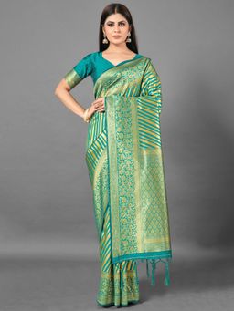Akhilam - Womens Silk Blend Green Woven Design Designer Saree with Unstitched Blouse