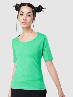Bewakoof - Women's Varsity Green Elbow Sleeve Slim Fit T-shirt