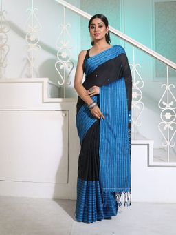 CHARUKRITI - Black Cotton Handwoven Saree with Texture Borders and Pallu with Unstitched Blouse