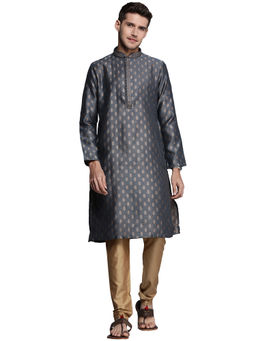 Manyavar - Grey Art Silk All Over Self Design Kurta Pencil Pyjama Set (Set of 2)