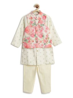TIBER TABER - Boys Cream Viscose Printed Kurta with Pant and Jacket