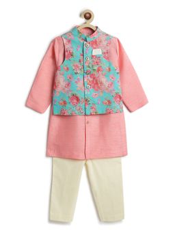 TIBER TABER - Boys Pink Viscose Printed Kurta with Pant and Jacket