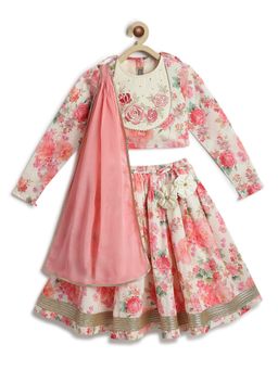 TIBER TABER - Girls Cream Viscose Printed Blouse with Lehenga and Dupatta
