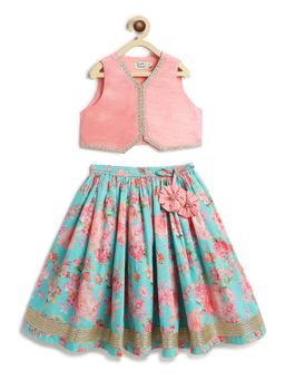 TIBER TABER - Girls Pink Viscose Printed Blouse with Lehenga