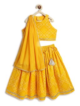 TIBER TABER - Girls Yellow Cotton Printed Blouse with Lehenga and Dupatta