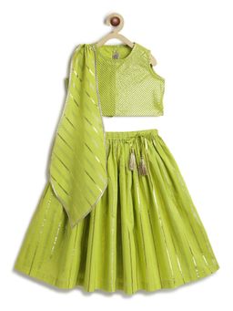 TIBER TABER - Girls Green Cotton Printed Blouse with Lehenga and Dupatta
