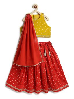 TIBER TABER - Girls Yellow Cotton Printed Blouse with Lehenga and Dupatta
