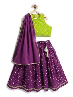 TIBER TABER - Girls Green Cotton Printed Blouse with Lehenga and Dupatta