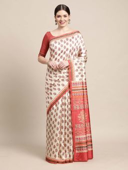 Akhilam - Women Silk Blend Off White Printed Designer Saree with Unstitched Blouse