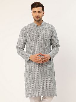 Jompers - Men Grey & White Embroidered Straight Kurta
