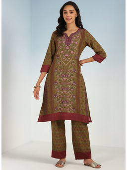 Lakshita - Mud Green Kurta with Round Neck and Contrast Front Placket (Set of 2)