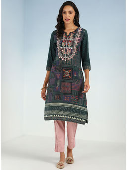 Lakshita - Green Printed Embroidered Kurta with Embellished Front Yoke