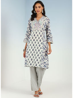Lakshita - White Modal Printed Kurta with Side Paneled Design (Set of 2)