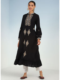 Lakshita - Black Long Embroidered Long Kurta with Frilled Hem