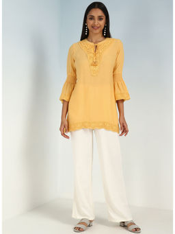 Lakshita - Yellow Solid Tunic with Keyhole Neck and Bell Sleeves