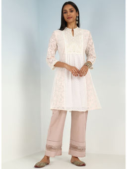 Lakshita - Pink Schiffli A-line Kurta with Yoke Sequins Work